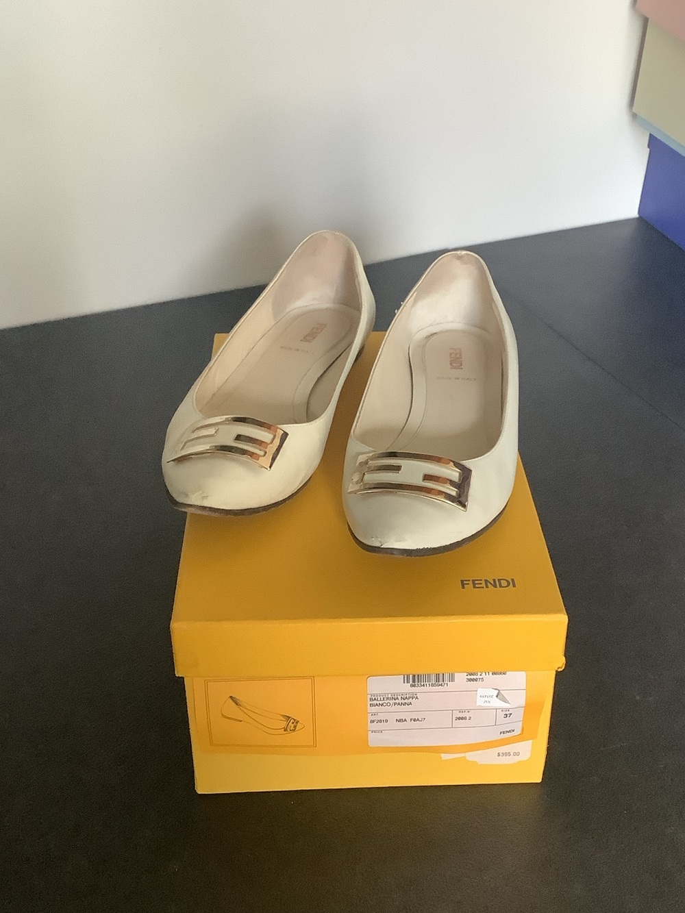 Fendi Cream Leather Ballet Flats with Gold Hardware